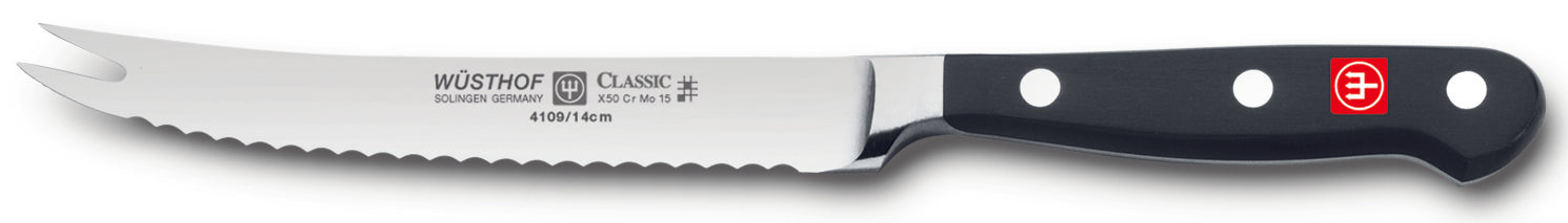 4109-7 wusthof classic serrated tomato knife. forked tip. riveted handle. 5 inches.